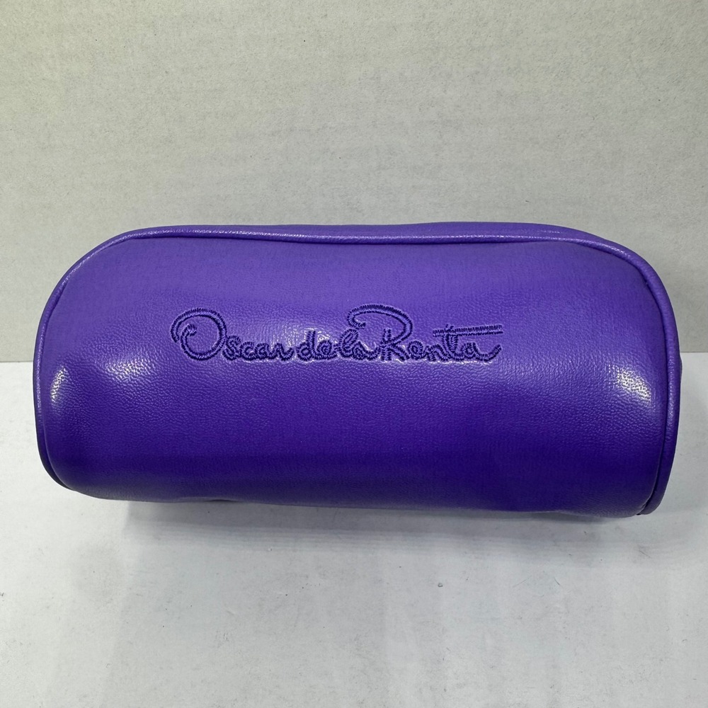 Oscar de la Renta Purple Faux Leather Embroidered Logo Cosmetic Barrel Bag Pouch